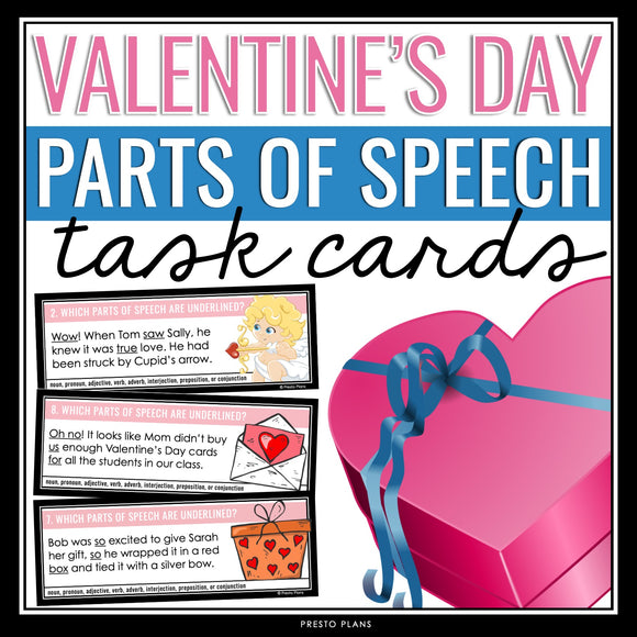 Valentine's Day Parts of Speech Task Cards Activity - Labeling Parts of Speech