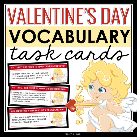 Valentine's Day Vocabulary Activity - Cupid's Dictionary Task Cards Definitions