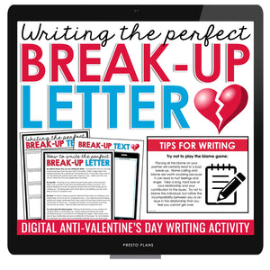 Valentine's Day Writing Assignment - Writing a Break Up Letter or Text - Digital