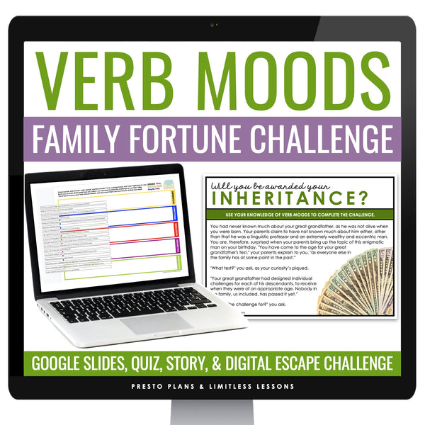 Verb Moods Escape Room Digital Grammar Activity, Google Slides, and Quiz