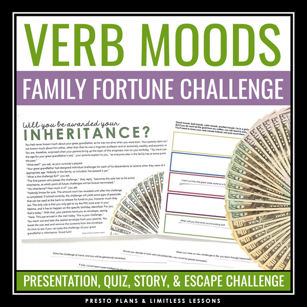 Verb Moods Grammar Activity Escape Room Challenge, Presentation, and Quiz