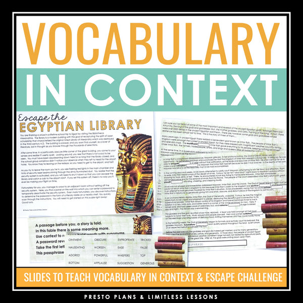 Vocabulary in Context Presentation & Escape Room Reading Activity Game