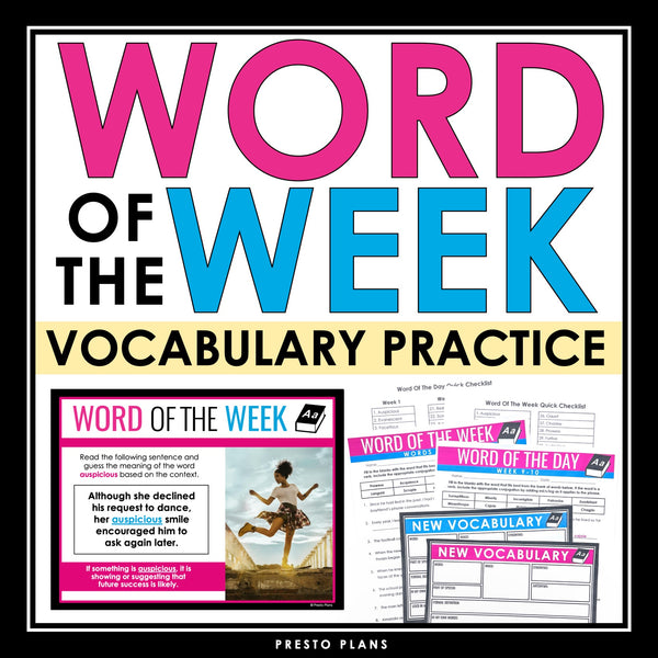 Word of the Day or Week - Vocabulary Slides, Posters, Assignment, and Quizzes
