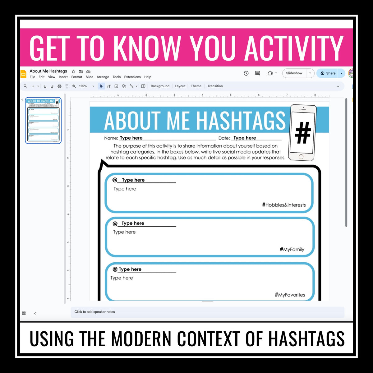 Back to School Activity - Hashtags Get to Know You First Day Digital A ...