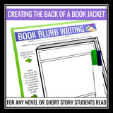 Novel Analysis Reading Assignment for any Text  - Book Jacket Blurb Writing