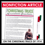 Christmas Reading Comprehension - Christmas Truce of 1914 Article & Assignment