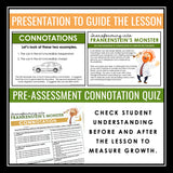 Connotation Vocabulary Word Practice Escape Activity Challenge, Slides, and Quiz