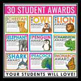 End of the Year Awards - Animal Edition Student Award Certificates