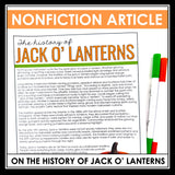 Halloween Reading Comprehension Jack O' Lantern Nonfiction Article & Assignment