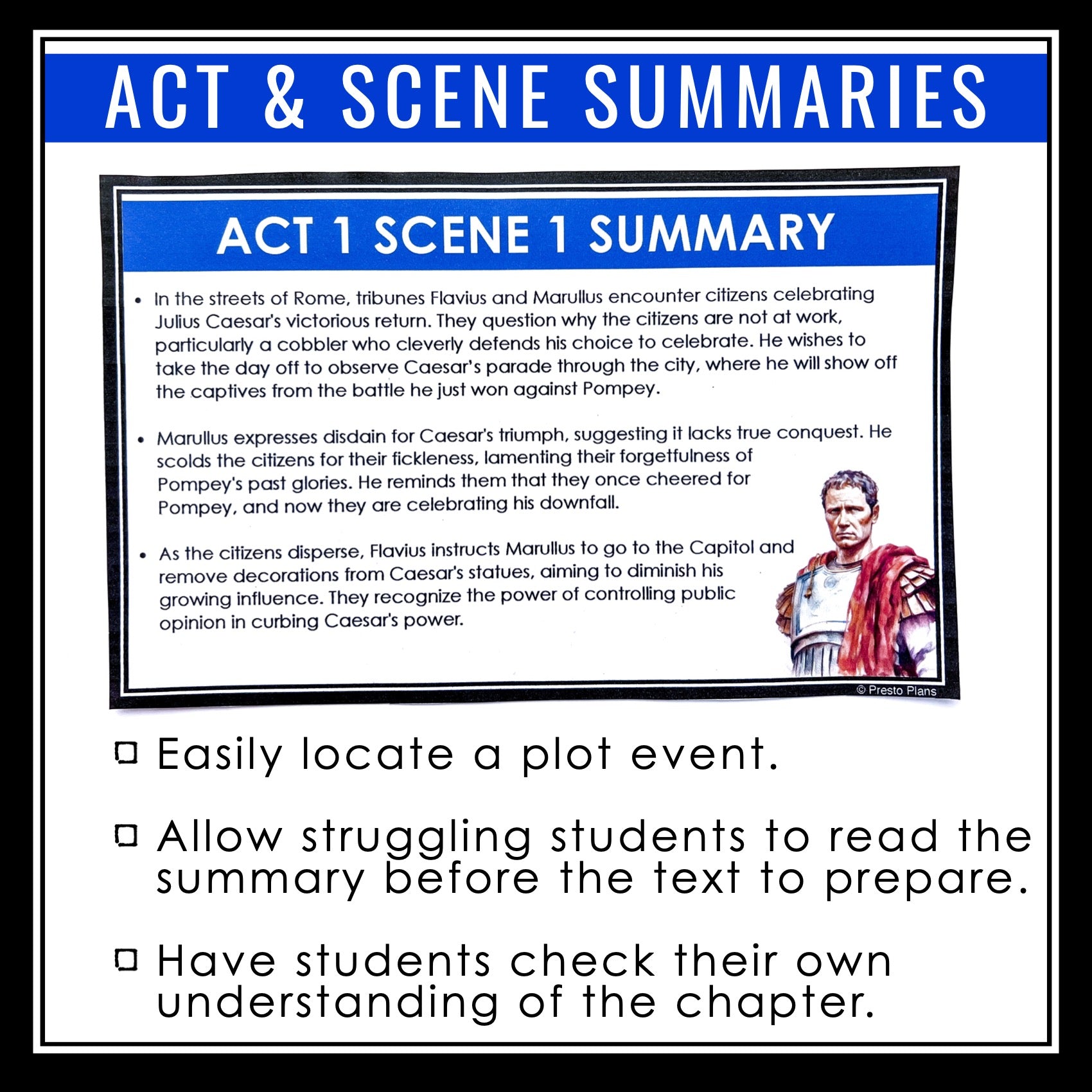 Scene Summary Example Julius Caesar Summary Act & Scene Cards - Plot Summaries for Shakespea ...