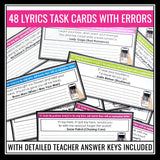 Grammar Activity - Editing Grammar Errors in Song Music Lyrics Task Cards
