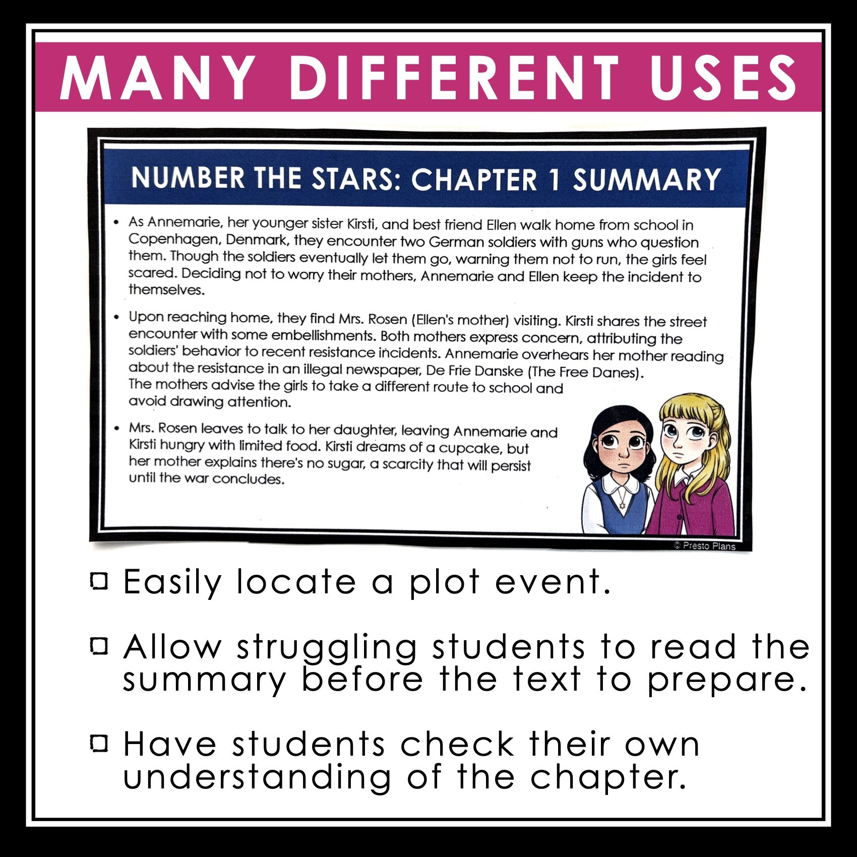 Number the Stars Chapter Summaries Plot Summary Cards for Lois Lowry