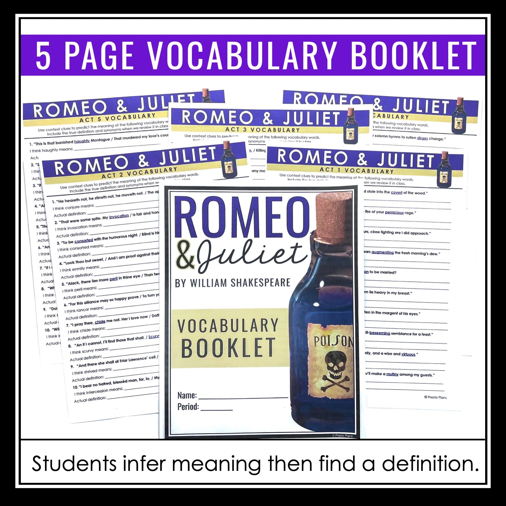Romeo and Juliet by Shakespeare Vocabulary Booklet, Presentation