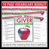 The Giver Vocabulary Booklet, Presentation, and Answer Key with Definitions