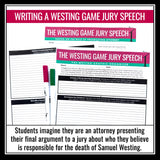The Westing Game Activity - Jury Speech Creative Novel Study Reading Response
