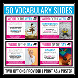 Word of the Day or Week - Vocabulary Slides, Posters, Assignment, and Quizzes