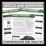 Nonfiction Reading Comprehension Article and Activities - Anaconda Snakes