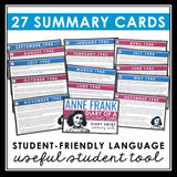 Anne Frank The Diary of a Young Girl Summaries - Monthly Text Summary Cards