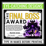 End of the Year Awards – Video Game Edition Student Award Certificates