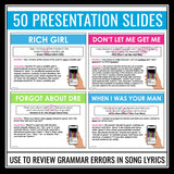 Grammar Activity - Editing Grammar Errors in Song Music Lyrics Task Cards