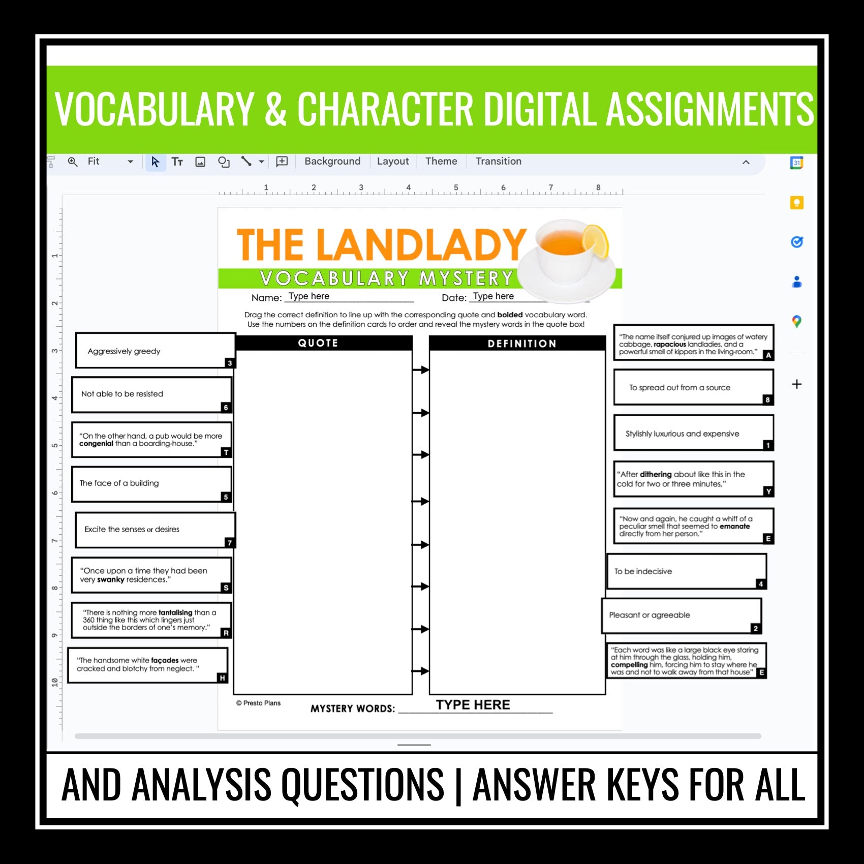 The Landlady by Roald Dahl - Digital Short Story Slides 
