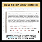 Adjectives Parts of Speech Escape Room Digital Activity, Google Slides, and Quiz