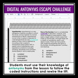 Antonyms Vocabulary Word Escape Room Digital Activity, Google Slides, and Quiz