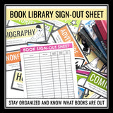 Classroom Library Labels for Novel Genres, Posters, and Book Sign-Out Sheet