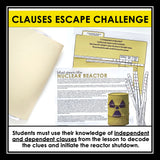 Independent & Dependent Clauses Grammar Activity Escape Challenge, Slides & Quiz