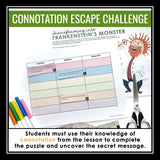 Connotation Vocabulary Word Practice Escape Activity Challenge, Slides, and Quiz