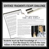 Sentence Fragments Grammar Activity Escape Room Challenge, Presentation, & Quiz