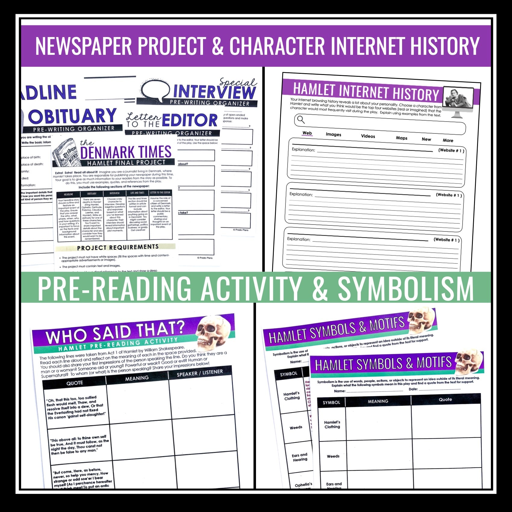 Playlet Assignment Hamlet Activity Bundle - Creative Activities & Assignments - Shakespea ...