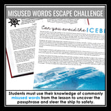 Commonly Confused Words Grammar Activity Escape Challenge, Slides, and Quiz