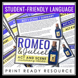 Romeo and Juliet Summary Act and Scene Cards for Shakespeare's Play