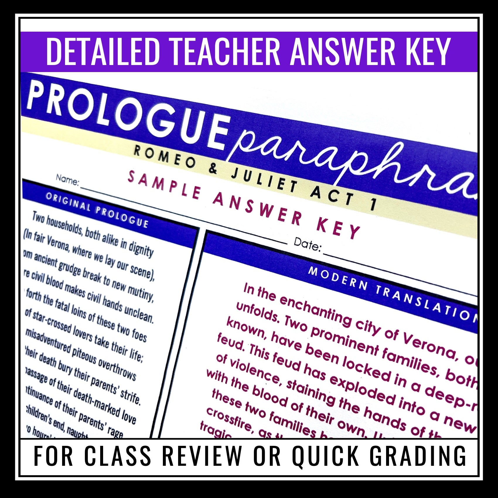 Playlet Assignment Romeo and Juliet Prologue Assignment - Shakespeare Play Pre-Reading Ac ...
