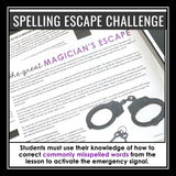Spelling Practice Grammar Activity Escape Room Challenge, Presentation, and Quiz