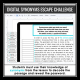 Synonyms Vocabulary Word Escape Room Digital Activity, Google Slides, and Quiz