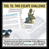 Too, To, Two Homophones Grammar Activity Escape Challenge, Slides, and Quiz