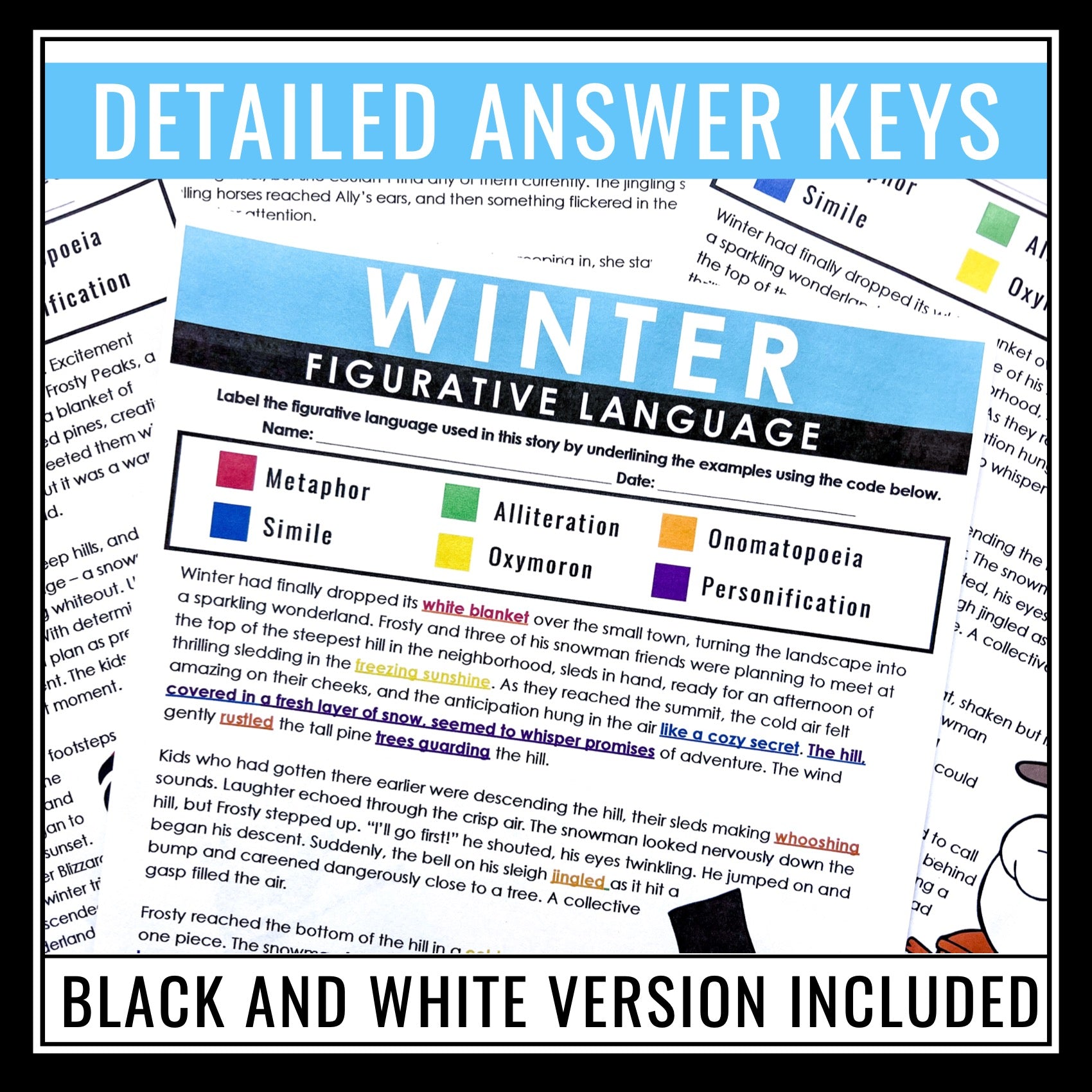 Winter Figurative Language Stories Assignments - Literary Devices Acti ...