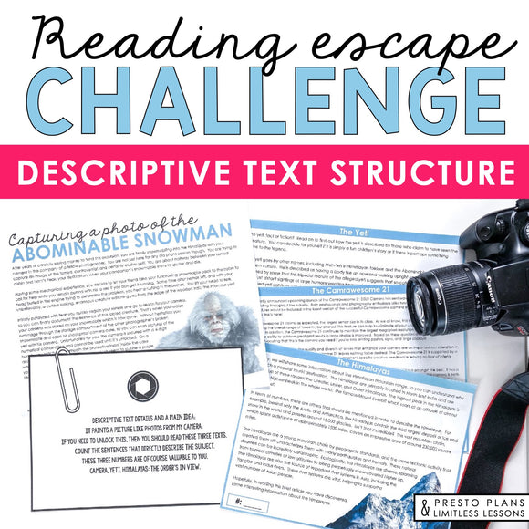 Descriptive Nonfiction Text Structure Slides & Escape Room Reading Activity