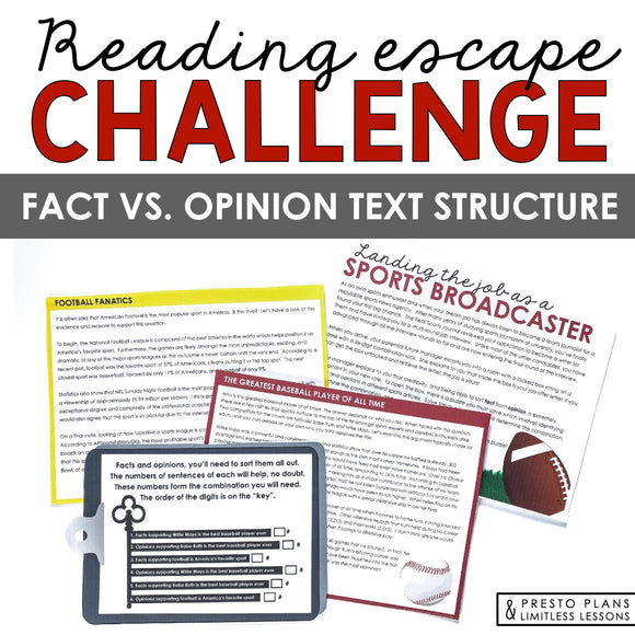 FACT VS OPINION ACTIVITY INTERACTIVE READING CHALLENGE ESCAPE