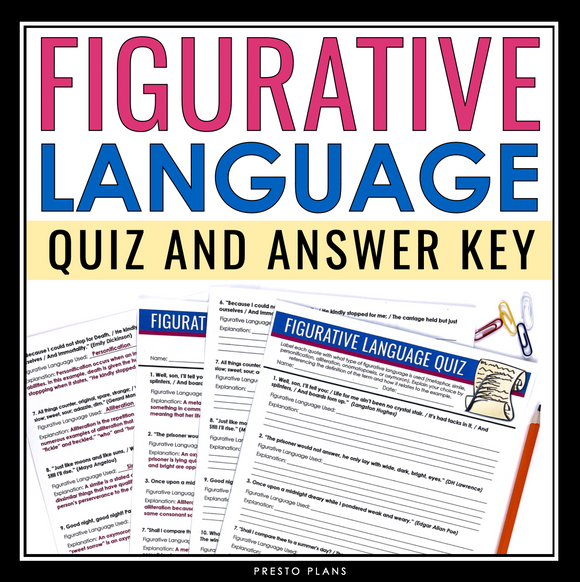 Figurative Language Quiz - Poetry Terms - Metaphor Simile Personification & More