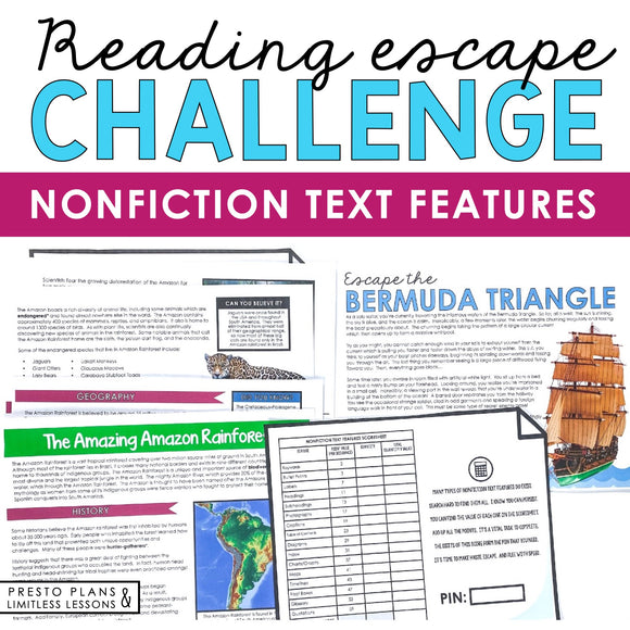 NONFICTION TEXT FEATURES ACTIVITY INTERACTIVE READING CHALLENGE ESCAPE