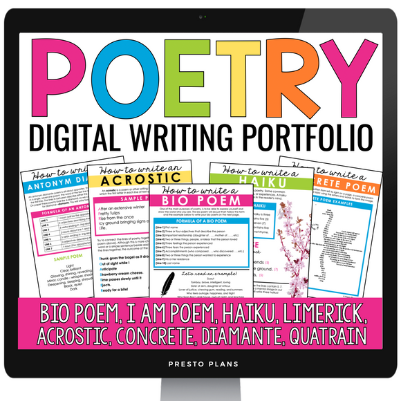 Poetry Writing Unit Haiku, Acrostic, Limerick, Concrete, and More - Digital