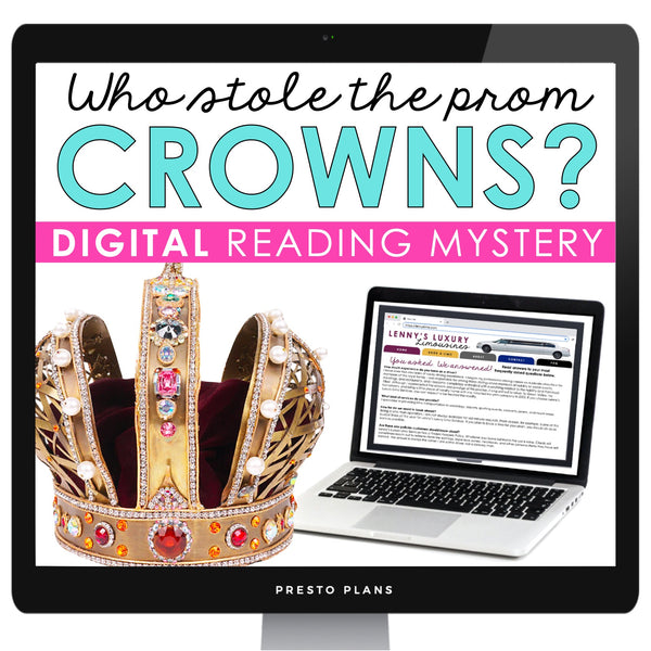 End of the Year Close Reading Digital Mystery Inference Activity - Prom Crowns