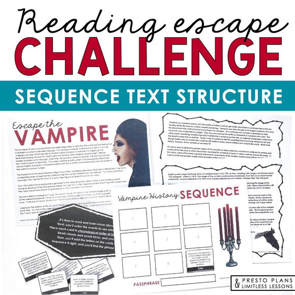 Sequence Text Structure Presentation & Nonfiction Escape Room Reading Activity