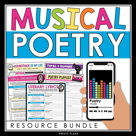 Poetry Music Activities - Song Lyrics Assignments and Presentations Bundle