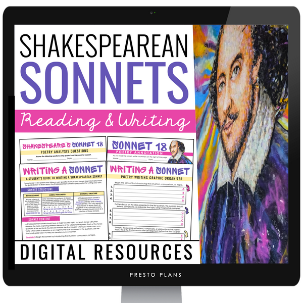 Shakespearean Sonnet Writing Analysis of Sonnet 18 Poetry Activities - Digital