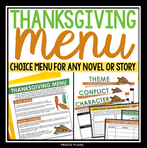 Thanksgiving Reading Assignment for Any Novel or Short Story - Choice Menu