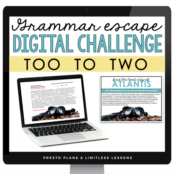 HOMOPHONES TOO TO TWO GRAMMAR ACTIVITY DIGITAL GOOGLE ESCAPE CHALLENGE